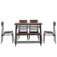 HAOYYE 6-Piece Modern Dining Set for Home Kitchen Dining Room with Storage Racks Rectangular Table Bench 4 Chairs Steel Frame