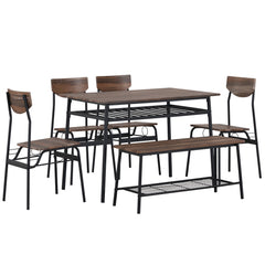 HAOYYE 6-Piece Modern Dining Set for Home Kitchen Dining Room with Storage Racks Rectangular Table Bench 4 Chairs Steel Frame