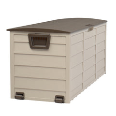 HAOYYE 75 Gallon Outdoor Storage Deck Box with Wheels Waterproof 260L Brown Plastic Garden Chest for Tools Cushions Toys Lockable Lid Seat