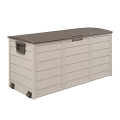 HAOYYE 75 Gallon Outdoor Storage Deck Box with Wheels Waterproof 260L Brown Plastic Garden Chest for Tools Cushions Toys Lockable Lid Seat