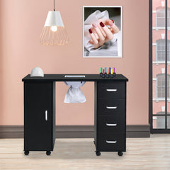 HAOYYE Black Nail Table with Fan Modern Manicure Station for Salon or Home Use MDF Single Door Design with 4 Removable Drawers Lockable Storage Easy to Clean Durable and Professional Nail Desk Workstation