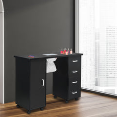 HAOYYE Black Nail Table with Fan Modern Manicure Station for Salon or Home Use MDF Single Door Design with 4 Removable Drawers Lockable Storage Easy to Clean Durable and Professional Nail Desk Workstation