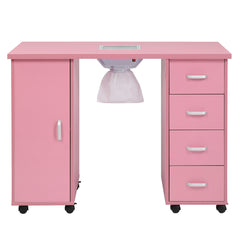 HAOYYE Pink Manicure Table with Fan MDF Beauty Salon Nail Desk Station with Single Door and 4 Drawers Modern Rolling Nail Technician Workstation for Home Studio Spa Use Easy to Move and Organize