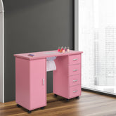 HAOYYE Pink Manicure Table with Fan MDF Beauty Salon Nail Desk Station with Single Door and 4 Drawers Modern Rolling Nail Technician Workstation for Home Studio Spa Use Easy to Move and Organize