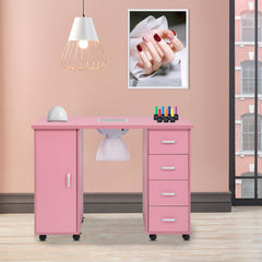 HAOYYE Pink Manicure Table with Fan MDF Beauty Salon Nail Desk Station with Single Door and 4 Drawers Modern Rolling Nail Technician Workstation for Home Studio Spa Use Easy to Move and Organize
