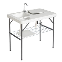 HAOYYE White Foldable Outdoor Fish Cleaning Table Rectangular HDPE Surface with Barbed Wire Mesh Heavy Duty Portable Processing Station for Backyard BBQ Camping Fishing Cleaning Cutting and Food Prep