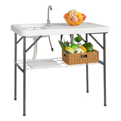 HAOYYE White Foldable Outdoor Fish Cleaning Table Rectangular HDPE Surface with Barbed Wire Mesh Heavy Duty Portable Processing Station for Backyard BBQ Camping Fishing Cleaning Cutting and Food Prep