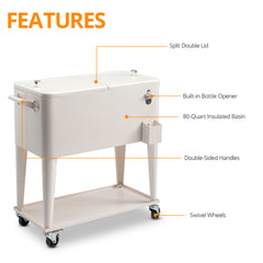 HAOYYE Rolling Cooler Cart, White Box with Drain Pipe, Large Capacity Insulated Freezer with Bottle Opener, Locking Casters, Ideal for Outdoor Events and Parties