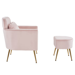 HAOYYE Modern Pink Flannelette Indoor Leisure Armchair with Gold-Plated Adjustable Feet and Pedals, Single Upholstered Accent Chair with Solid Wood Frame for Living Room Bedroom Office Lounge
