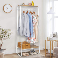 HAOYYE Freestanding Clothes Rack with Wood Shelf White Metal Garment Rack Modern Standing Storage Organizer for Bedroom Entryway Laundry Room Heavy Duty Clothing Display Rack with Open Shelf