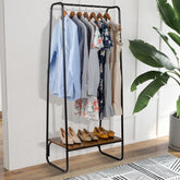 HAOYYE Freestanding Clothes Rack with Wood Shelf, Black Metal Garment Rack for Clothes, Durable Modern Storage Solution, Standing Organizer with Sturdy Design for Bedroom or Closet, Multifunctional Hanging Rack for Clothes and Accessories