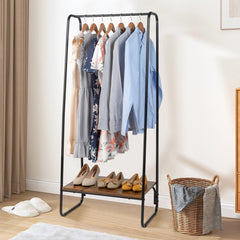 HAOYYE Freestanding Clothes Rack with Wood Shelf, Black Metal Garment Rack for Clothes, Durable Modern Storage Solution, Standing Organizer with Sturdy Design for Bedroom or Closet, Multifunctional Hanging Rack for Clothes and Accessories