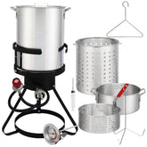 HAOYYE Outdoor Gas Turkey Fryer Set with 30QT Turkey Pot 10QT Fish Pot Thermometer Basket Injector Burner Stand Black & Silver for Crawfish Seafood BBQ Camping