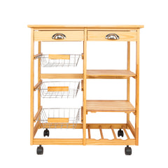 HAOYYE Kitchen & Dining Room Cart with 2 Drawers, Removable Storage Rack on Rolling Wheels, Wood Color, Mobile Utility Island with Wine Rack and Baskets
