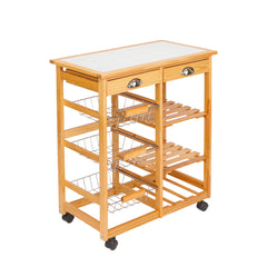 HAOYYE Kitchen & Dining Room Cart with 2 Drawers, Removable Storage Rack on Rolling Wheels, Wood Color, Mobile Utility Island with Wine Rack and Baskets