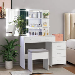 HAOYYE White Dressing Table Set with Mirror Cabinet, 5 Storage Compartments, 2 Open Shelves, and Three Dimming Light Bulbs, Modern Vanity Desk with Triamine Veneer Finish for Bedroom or Makeup Room