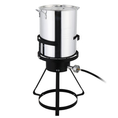 HAOYYE Black Round Tripod Stove Rack with Silver Fryer Heavy Duty Iron and Aluminum Outdoor Gas Burner Stand for Cooking Camping Frying Fish Turkey Boiling Home Backyard BBQ