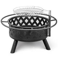 HAOYYE Outdoor Metal Fire Pit with Removable Cooking Grates Round Wood Burning Patio Heater Black Steel Fire Bowl for Backyard Garden Deck Camping Bonfire Easy Assembly