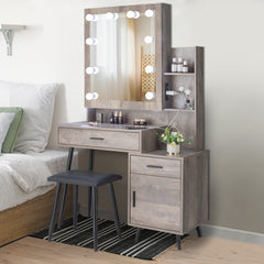 HAOYYE Modern Gray Vanity Table Set with Mirror Cabinet 2 Drawers 1 Door and 2 Storage Shelves Triamine Veneer Surface Iron Legs and 3 Light Bulbs Stylish Dressing Table for Bedroom and Makeup Room