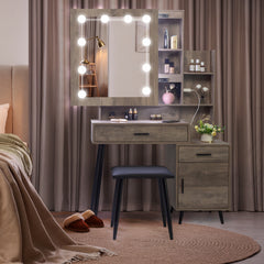 HAOYYE Modern Gray Vanity Table Set with Mirror Cabinet 2 Drawers 1 Door and 2 Storage Shelves Triamine Veneer Surface Iron Legs and 3 Light Bulbs Stylish Dressing Table for Bedroom and Makeup Room