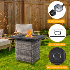 HAOYYE 28-Inch Gas Fire Table with 50000 BTU Output, Modern Black Firepit Featuring Volcanic Stone, Durable Outdoor Patio Heater for Cozy Gatherings and Stylish Backyard Ambiance
