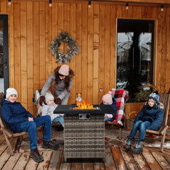 HAOYYE 28-Inch Gas Fire Table with 50000 BTU Output, Modern Black Firepit Featuring Volcanic Stone, Durable Outdoor Patio Heater for Cozy Gatherings and Stylish Backyard Ambiance