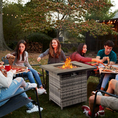 HAOYYE 28-Inch Gas Fire Table with 50000 BTU Output, Modern Black Firepit Featuring Volcanic Stone, Durable Outdoor Patio Heater for Cozy Gatherings and Stylish Backyard Ambiance