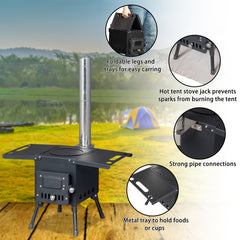 HAOYYE Portable Camping Wood Stove with Chimney Pipes, High-Temperature Resistant Carbon Steel, Foldable Design, Ideal for Outdoor Cooking and Heating, Perfect for Camping, Backpacking, and Hunting Trip