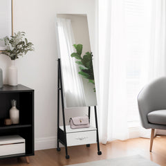 HAOYYE Full Length Mirror Jewelry Cabinet with LED Light Beads Wooden Floor Standing Style with Large Drawer and 4 Rolling Wheels Lockable Jewelry Organizer Mirror Armoire for Bedroom Living Room White