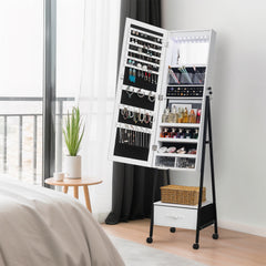 HAOYYE Full Length Mirror Jewelry Cabinet with LED Light Beads Wooden Floor Standing Style with Large Drawer and 4 Rolling Wheels Lockable Jewelry Organizer Mirror Armoire for Bedroom Living Room White