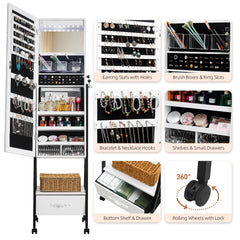 HAOYYE Full Length Mirror Jewelry Cabinet with LED Light Beads Wooden Floor Standing Style with Large Drawer and 4 Rolling Wheels Lockable Jewelry Organizer Mirror Armoire for Bedroom Living Room White