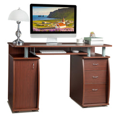 HAOYYE Portable Computer Desk with 1 Door and 3 Drawers, 15mm MDF, Coffee Color, Sturdy and Spacious Workstation