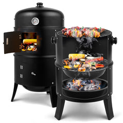 HAOYYE 31" Portable Charcoal Smoker BBQ Grill, Outdoor Iron Barrel Barbecue Grill with Thermometer, Adjustable Air Vent, for Backyard Camping Picnic Party