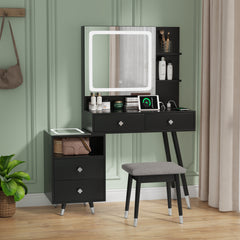 HAOYYE Vanity Dressing Table Set with LED Three-Tone Light Mirror, 4 Drawers, 2-Layer Shelf, Mirror Cabinet with Light Strips, Pitted Particle Board with Melamine Finish, Solid Wood Legs with Copper Sheath, Makeup Desk with Storage for Bedroom