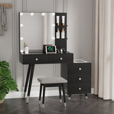 HAOYYE Vanity Table with LED Three-Tone Mirror, 5 Drawers, 2-Layer Shelf, Mirror Cabinet, Pitted Particle Board with Triamine Coating, Solid Wood Legs with Copper Sheath, Makeup Table for Bedroom, Dressing Room, or Bathroom
