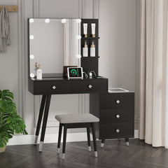HAOYYE Vanity Table with LED Three-Tone Mirror, 5 Drawers, 2-Layer Shelf, Mirror Cabinet, Pitted Particle Board with Triamine Coating, Solid Wood Legs with Copper Sheath, Makeup Table for Bedroom, Dressing Room, or Bathroom