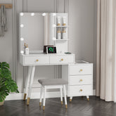 HAOYYE Vanity Table with LED Three-Tone Mirror, 5 Drawers, 2-Layer Shelf, Mirror Cabinet, Pitted Particle Board with Triamine Coating, Solid Wood Legs with Copper Sheath, Makeup Table for Bedroom, Dressing Room, or Bathroom