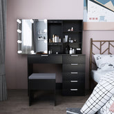 HAOYYE FCH Black Vanity Dressing Table Set with Mirror Cabinet, 6 Drawers, 2 Shelves, Adjustable 3-Tone LED Light, Makeup Table with Storage and Stool, Modern Makeup Desk for Bedroom, Stylish Particleboard Triamine Veneer Beauty Station