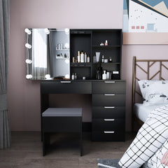 HAOYYE FCH Black Vanity Dressing Table Set with Mirror Cabinet, 6 Drawers, 2 Shelves, Adjustable 3-Tone LED Light, Makeup Table with Storage and Stool, Modern Makeup Desk for Bedroom, Stylish Particleboard Triamine Veneer Beauty Station