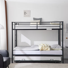 HAOYYE Twin Over Twin Bunk Bed with Trundle, Triple Bunk Bed for Kids, Teens, and Adults, Sturdy Metal Frame with Safety Guardrails and Two Side Ladders, Space-Saving Design for Bedroom, Dorm, or Guest Room, No Box Spring Needed, Modern Black