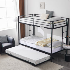 HAOYYE Twin Over Twin Bunk Bed with Trundle, Triple Bunk Bed for Kids, Teens, and Adults, Sturdy Metal Frame with Safety Guardrails and Two Side Ladders, Space-Saving Design for Bedroom, Dorm, or Guest Room, No Box Spring Needed, Modern Black