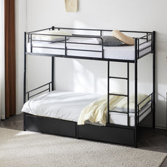 HAOYYE Twin Over Twin Convertible Bunk Bed with 2 Storage Drawers, Metal Frame, Separates into Two Daybeds, Space-Saving Design for Kids, Teens, and Adults, Sturdy with Safety Guardrails, No Box Spring Needed, Black