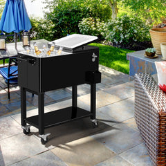 HAOYYE 80Qt Black Rolling Cooler Cart with Drain Pipe Detachable Iron Frame Portable Freezer Incubator for Outdoor Camping Patio BBQ Party Large Capacity Plastic Storage Box
