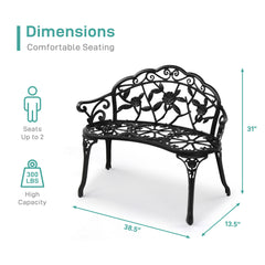 HAOYYE Outdoor Cast Aluminum Patio Bench, Porch Bench Chair with Curved Legs and Rose Pattern, Antique Green Finish, Elegant and Durable for Garden, Patio, or Balcony, Weather-Resistant and Comfortable Seating