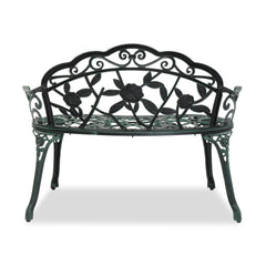 HAOYYE Outdoor Cast Aluminum Patio Bench, Porch Bench Chair with Curved Legs and Rose Pattern, Antique Green Finish, Elegant and Durable for Garden, Patio, or Balcony, Weather-Resistant and Comfortable Seating