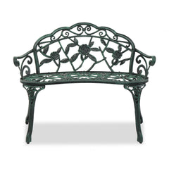 HAOYYE Outdoor Cast Aluminum Patio Bench, Porch Bench Chair with Curved Legs and Rose Pattern, Antique Green Finish, Elegant and Durable for Garden, Patio, or Balcony, Weather-Resistant and Comfortable Seating