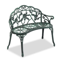 HAOYYE Outdoor Cast Aluminum Patio Bench, Porch Bench Chair with Curved Legs and Rose Pattern, Antique Green Finish, Elegant and Durable for Garden, Patio, or Balcony, Weather-Resistant and Comfortable Seating