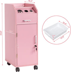 HAOYYE Hair Salon Storage Cart With Wheels, 3 Hair Dryer Holders, 4 Lockable Drawers With 2 Keys, Mobile Hairdressing Tools Station, Portable Makeup Case In Pink, Space-Saving And Durable Professional Organizer