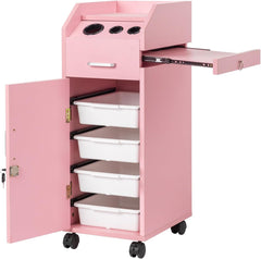 HAOYYE Hair Salon Storage Cart With Wheels, 3 Hair Dryer Holders, 4 Lockable Drawers With 2 Keys, Mobile Hairdressing Tools Station, Portable Makeup Case In Pink, Space-Saving And Durable Professional Organizer