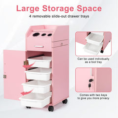 HAOYYE Hair Salon Storage Cart With Wheels, 3 Hair Dryer Holders, 4 Lockable Drawers With 2 Keys, Mobile Hairdressing Tools Station, Portable Makeup Case In Pink, Space-Saving And Durable Professional Organizer
